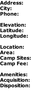 Address: City: Phone:  Elevation: Latitude: Longitude:  Location: Area: Camp Sites: Camp Fee:  Amenities: Acquisition: Disposition: